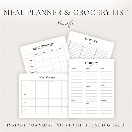Meal Planner & Grocery Shopping List Bundle | Instant Download Printable Checklists (PDF) - Etsy