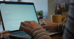 programmer woman hands using laptop computer typing programming code software engineer student developing javascript coding mobile app on keyboard