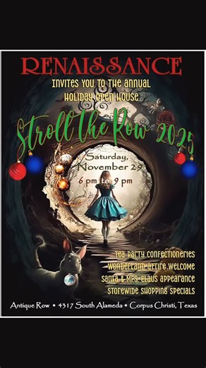 Stroll the Row 2025 set for Saturday, November 29th, 6-9pm! A vintage extravaganza for the whole family! Come to Renaissance in your best Vintage Wonderland look for a chance to win 1 of 3 gift baskets! Tea party confectionaries and a visit from Santa Claus 6-8pm. | Renaissance Antiques