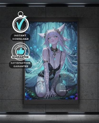 Cyan Fox Girl Anime Wall Art – Fantasy Magical Forest, Glowing Illustration, Anime Girl Digital Download, Aesthetic Cyan Decor 4k HD - Etsy