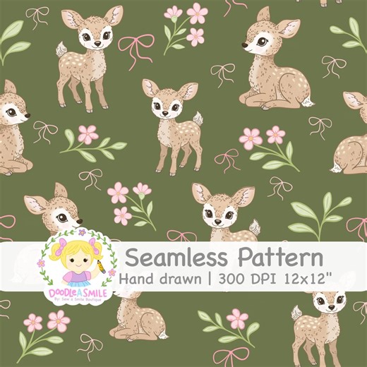 Woodland Fawn Seamless Pattern PNG for Fabric, Cute Fawn Digital Paper for Commercial Use, Hand Drawn Spring Seamless File for Sublimation - Etsy