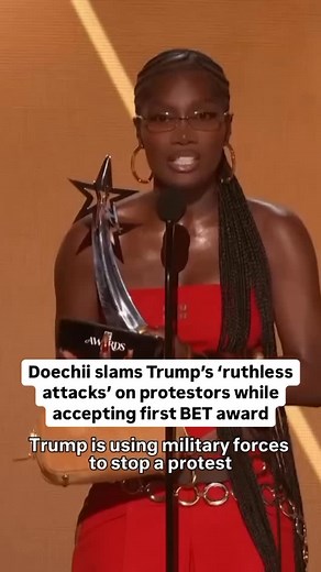Diet Prada ™ on Instagram: "While accepting her first-ever BET Award on Monday, Doechii used her platform to call out the military mobilization happening just miles from the venue, as citywide protests against ICE raids entered day four. “Trump is using military forces to stop a protest,” Doechii said during her acceptance speech for Best Female Hip-Hop Artist. “I want you all to consider what kind of government it appears to be when every time we exercise our democratic right to protest, the mi