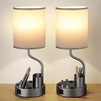 Grey Bedside Table Lamps for Bedroom Set of 2 - Nightstand Light with AC Outlet and USB A & C for Charging, 3 Color Temperatures Desk Lamp with Pen Holder & Phone Stand for Living Room/Dorm/Office - Amazon.com