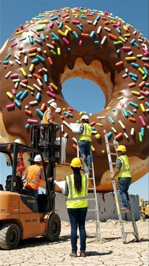 Giant Donut Bigger Than a Truck 😱🍩 Tiny Workers Cutting It! | 4K Cinematic AI Video#shorts#