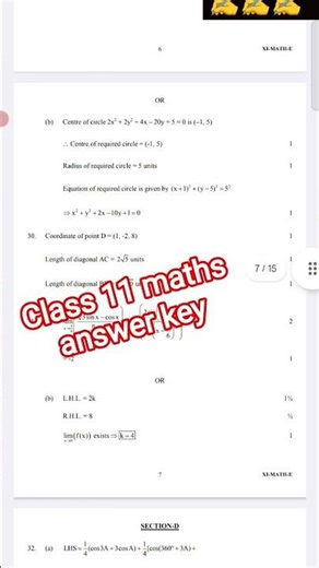 Class 11 maths annual paper answer key 2025 evening shift/maths answer key 2026 class 11
