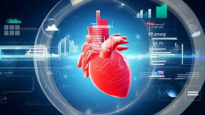 Digital holographic heart in modern lab environment medical research laboratory cardiology human health medicine science technology glowing concept doctor hospital red blood tech