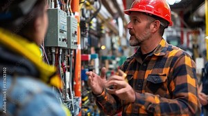 An apprentice is safely adjusting complex machinery in an industrial factory while troubleshooting an electrical panel under the guidance of a mentor in industrial electrical system training.