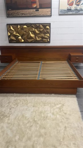 Rad Harbor Vintage on Instagram: "*SOLD* Monumental Danish Modern KING Platform Bed by Dyrlund Late 1960s–early 1970s An exceptional and complete Scandinavian modern bedroom installation by Dyrlund, executed in richly grained solid teak. This rare king-size platform bed features integrated floating nightstands and original built-in headboard lighting, creating a warm, architectural glow that defines the sleeping space without ornament or excess. Designed as a unified system rather than individua