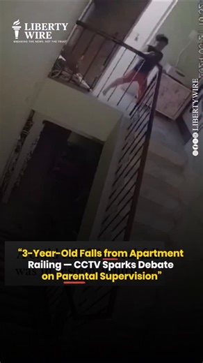 Liberty Wire on Instagram: "“3-Year-Old Falls from Apartment Railing — CCTV Sparks Debate on Parental Supervision” Disturbing CCTV footage shows a 3-year-old boy climbing the railing of his apartment’s back staircase before slipping and falling. The child hit his chest on a lower railing, crying in pain — but thankfully escaped with only minor injuries. The video, now viral, has triggered a wave of concern and debate online. Many are asking the tough question: Who’s really at fault here? While t