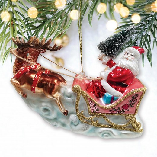 Santa Sleigh and Reindeer Elegant Christmas Ornament, Holiday Blown Glass Figurine - Etsy