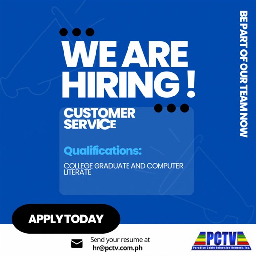 16 shares | Attention Job Seekers!! We are Hiring for a Customer Service Associate. Join our team now! Kindly send your resume to hr@pctv.com.ph | Paradise Cable Television Network Inc. | Facebook
