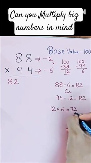Vedic maths trick:The Fastest Method to Multiply numbers that are close to base🤘 #shorts feed