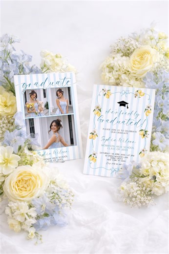 Blue Freshly Graduated Graduation Party Invitation, Announcement, Stripe, Lemon, Canva Template - Etsy