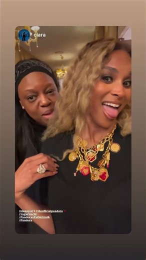 Ciara celebrating with Dame Pat McGrath after wearing her Pandora collection during Vogue World