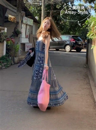 渡假風圖騰印花吊帶連身長洋裝