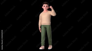4k transparent alpha channel animation of man character posing with left hand raised above his head, 3D Character video