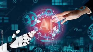 MLP Futuristic robot artificial intelligence revolutionary AI technology development and machine learning concept. Global robotic bionic science research for future of human life. 3D rendering graphic