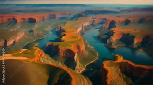 3D rendering of sunrise over mountains and river landscape with warm sunlight. Beautiful landscape vector illustration of mountain lake with dense forest, meadow banks tall trees and snow.