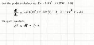 Use differentials to approximate the change in cost, revenue, or profit corresponding to an increase in sales of one unit. For instance, in Exercise 29, approximate the change in cost as x increases from 12 units to 13 units. Then use a graphing utility to graph the function, and use the trace feature to verify your result. Function x-Value P=-0.5 x^3 2500 x-6000 x=50 | Numerade
