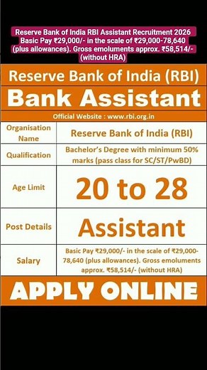 Reserve Bank of India RBI Assistant Recruitment 2026 #Bank #banking #manager #assistant #jobs