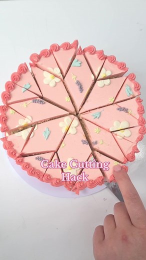 We get loads of questions about how best to portion our cakes for a party Here's how to get 32 slices from a 6' cake with this cake: 1. Cut the cake into 8 even slices 2. Cut each section a further 2 times to create a diamond shape in the centre 3. Cut the remaining diamond shaped slices into 2 even triangles 4. Share with 32 friends! Save this for your next party #bakinghacks #cakehacks #lifehacks #birthdaycake #cakecutting