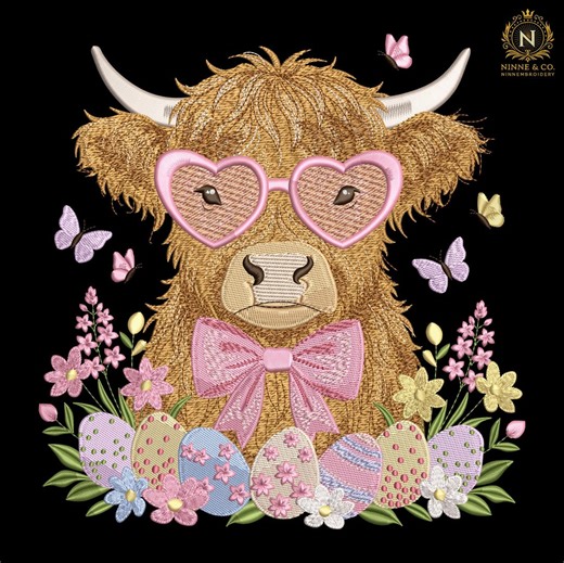 Highland Cow Easter Embroidery Design, Cute Cow With Glasses Eggs Embroidery File, Spring Cow Machine Embroidery Pattern - Etsy