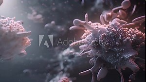 A 3D reconstruction of a macrophage in action releasing enzymes to break down antigens and present them to immune cells.