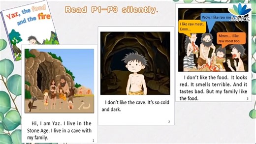 PSR阅读教学课例集牛津上海版 5A M4U3 Fire，第一课时的故事Yaz, the food and the fire的人物、情节发展等信息