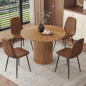 42" Round Dining Table Set for 4,Wood Round Dining Table Set with Sturdy Strip Base and 4 Cushioned Chairs,Farmhouse Kitchen Table Sets for 4 for Kitchen,Space-Saving