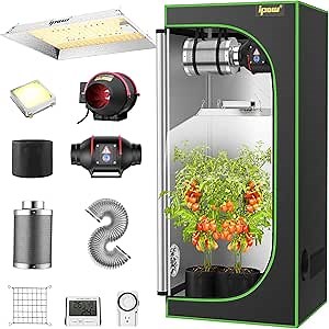 IPOW Grow Tent Kit Complete System 2x2 ft with VS1000 Led Grow Light, 4 Inch 190CFM Inline Fan, Carbon Filter and 8ft Ducting Combo, 24" x 24" x 55"