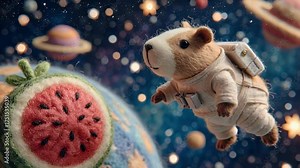 Vidéo Stock Astronaut hamster exploring space with planets and watermelon in a decorative cosmic scene