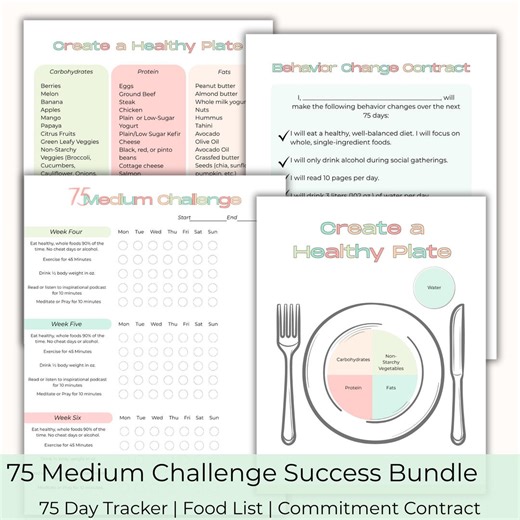 Printable 75 Medium Challenge Tracker Bundle | Food List & Log (PDF Download) - Etsy