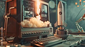 Model Rocket Launch Displayed on Vintage Computer Screen with Ai generated. Stock Video