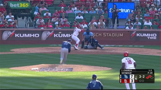 Nathan Church singles on a line drive to left fielder Chandler Simpson. Nolan Gorman scores. Jordan Walker scores.