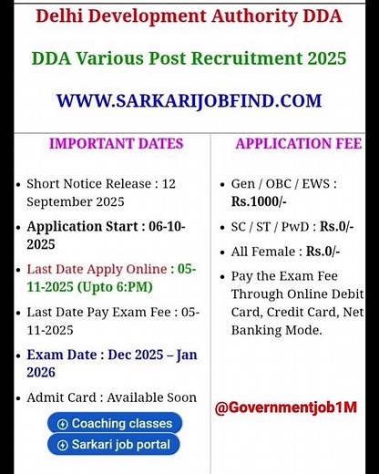 DDA Various Post Recruitment 2025 | DDA Various Post Online Form 2025