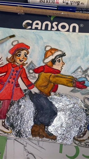 jäähän käytin folioo ja noi puut yritin saada lumisiks pumpulipuikolla #fyp #suomitaide #piirtäminen #maalaaminen #arttiktok