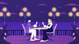 Romantic restaurant near seaside line cartoon animation. Honeymoon couple falling in love 4K video motion graphic. Waterfront dining. Lo fi vibes 2D linear animated characters on waterscape background