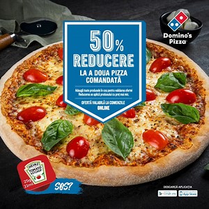 29 reactions | De ce să te oprești la o pizza când mai poți avea una, la jumătate de preț?  Profită de oferta noastră irezistibilă: 50% REDUCERE la a doua pizza comandată, pentru tine și prietenii tăi.  Comandă acum online, prin site sau app. Adaugă ambele produse în coș pentru validarea ofertei. Reducerea se aplică produsului cu preț mai mic. | Domino's Pizza Romania | Facebook
