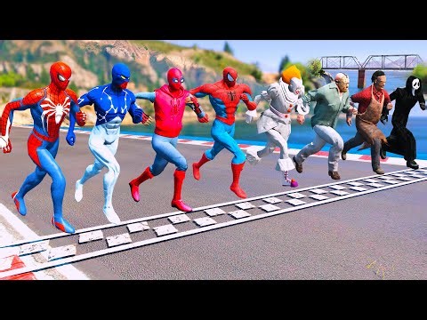 SPIDERMAN TEAM vs HALLOWEEN TEAM RUNNING CHALLENGE On WATER MEGA RAMP Spiderman Funny Fails - GTA 5