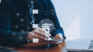 online document, Document management system (DMS), business process automation technology. businessman wroking with document icon on virtual screen. File storage and archiving. ERP. Folder structure.