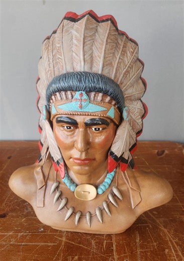 Vintage Signed Native American Chief Bust Sculpture 12.5” Hand Painted Chalkware Southwestern Decor - Etsy