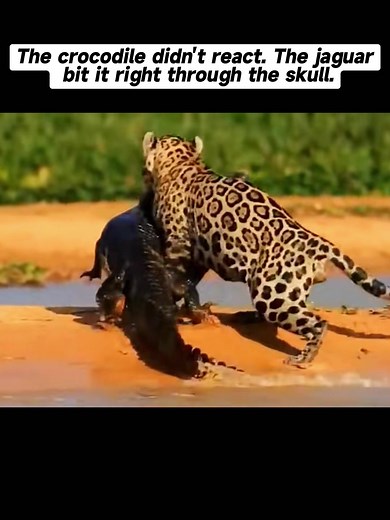 The crocodile didn't react. The jaguar bit it right through the skull.#jaguar #crocodile #animal #animals #animalworld #animalsoftiktok #foryou #foryoupage #fyp
