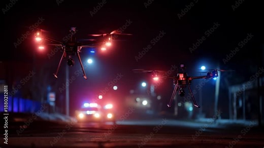Nighttime footage of automated surveillance drones equipped with infrared cameras patrolling streets to detect unusual activities under low light conditions.