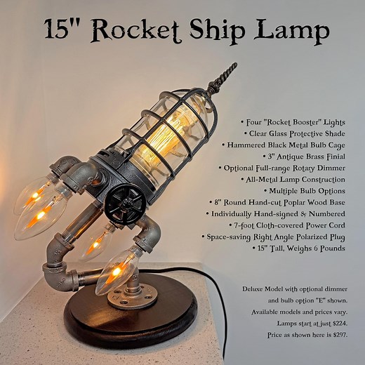 15" Rocket Ship Spaceship Steampunk Industrial Pipe Desk Lamp With 4 Booster Lights, 8" Round Wood Base, Multiple Model and Bulb Options - Etsy
