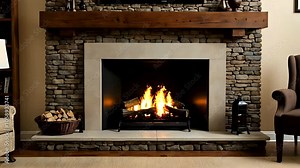 Modern stone fireplace with burning logs and cozy atmosphere. Home comfort concept Seamless looping 4k time-lapse animation video background