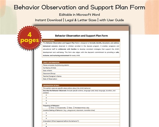Daycare Behavior Observation and Support Plan Form Editable and Printable Template, Preschool, Childcare Policies Permissions, School Admin - Etsy Australia