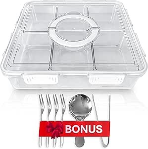Generic Tubsia Large Divided Serving Container, 6 Removable Compartments, with Lid and Handle - Veggie and Fruit Platter, Snack Box, Charcurie Container and Potluck, Transparent