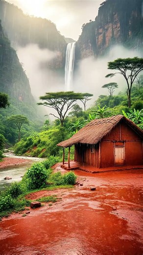 Rainy Waterfall in African Highlands #africa #rain #nature #cinematic