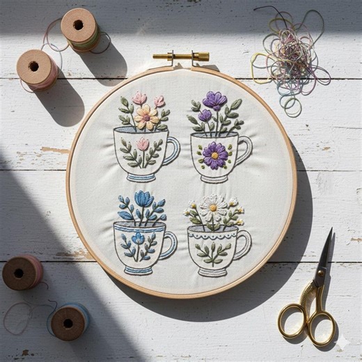 Floral Tea Cups Embroidery Design, Floral Embroidery Template PDF File (instant Download) - Etsy