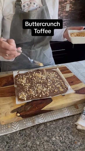 ➡️Follow me for recipes and chocolate techniques. Making butter crunch toffee is pretty easy just be careful to set your temperature on medium and take it off the burner when it is a golden amber colour. Here is my recipe 1 cup brown sugar 1/2 cup salted butter Combine both ingredients in a non stick pan and continuously stir until a golden amber colour. Even if it gets grainy just keep stirring until it changes and comes clear and a golden colour. Take off the burner and pour into parchment pap